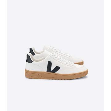 Women's Veja V-12 LEATHER Sneakers White/Black | ZA 667CTV